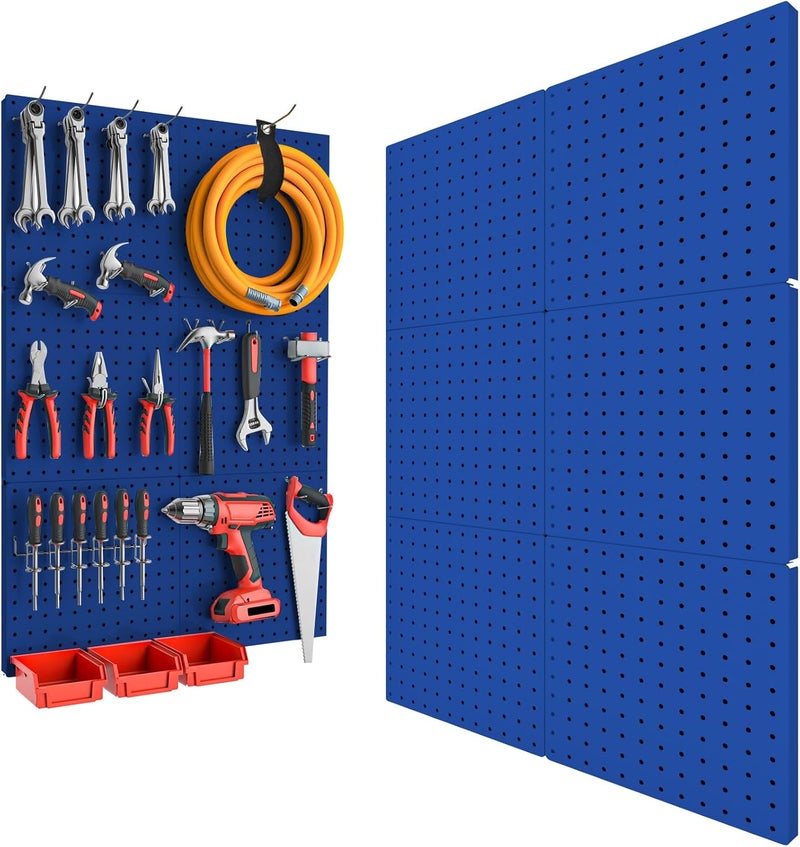 FZK Peg Board, 6PCS Metal Pegboard, Heavy Duty Pegboard Wall Organizer with Frame. Pegboard for Walls, Garage, Workbench, Craft Room Tool Organization, Metal Pegboard Panels 12in*12in,Blue - Image 1